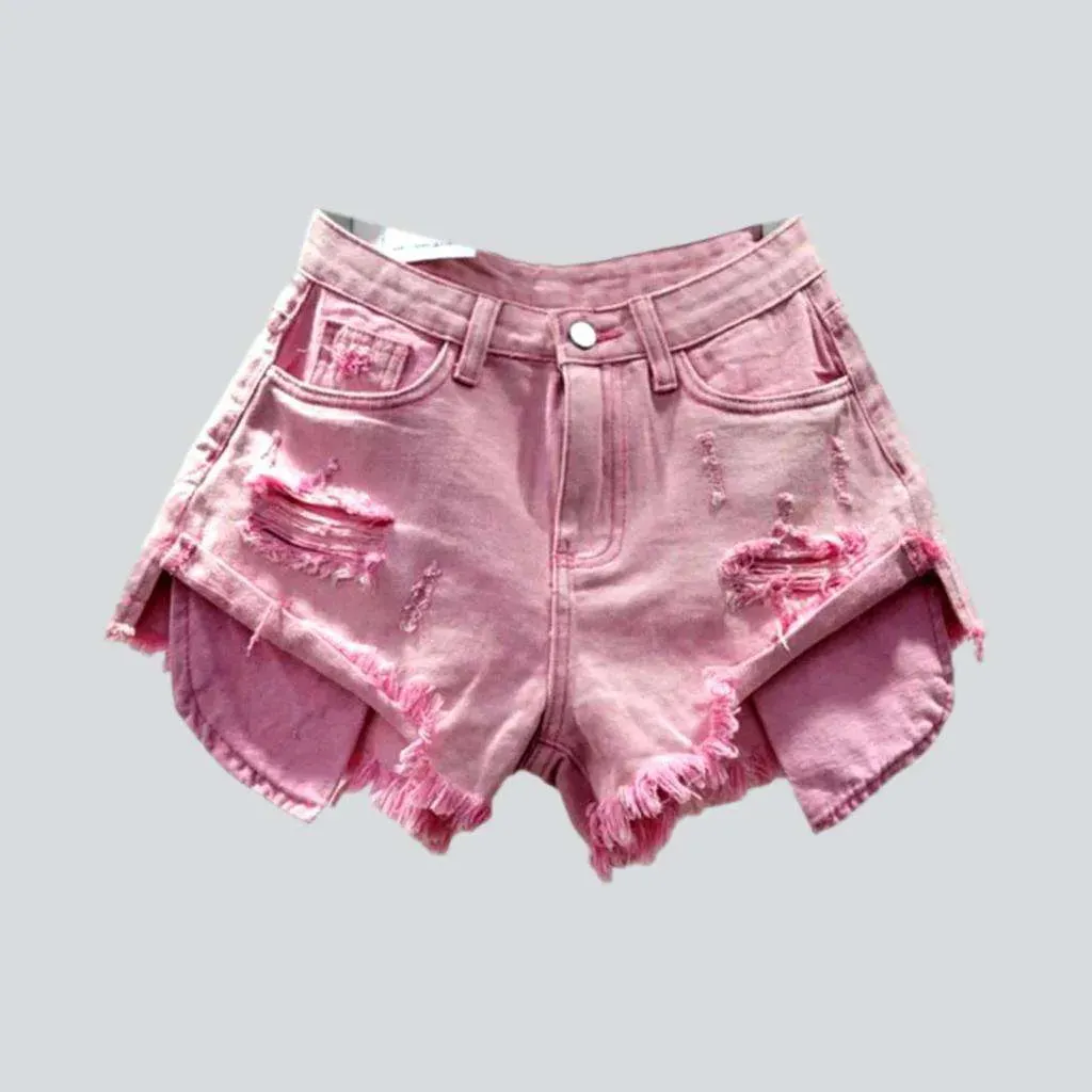 Exposed pockets distressed denim shorts