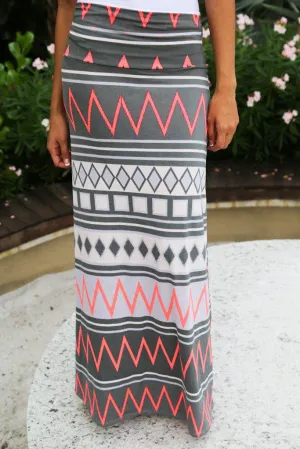 Gray and Neon Pink Chevron Maxi Skirt