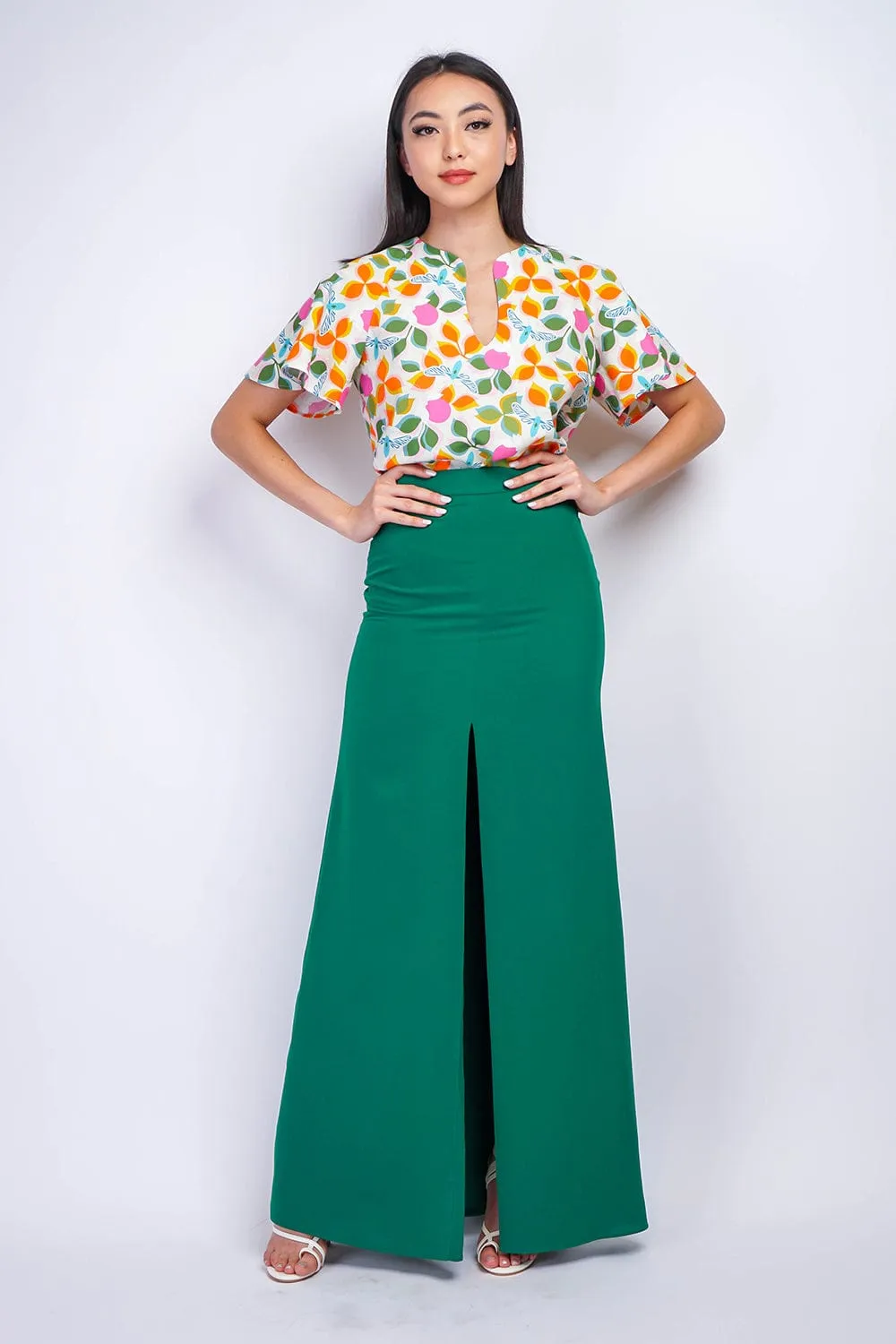 Green Ashley  Front Slit Long Skirt