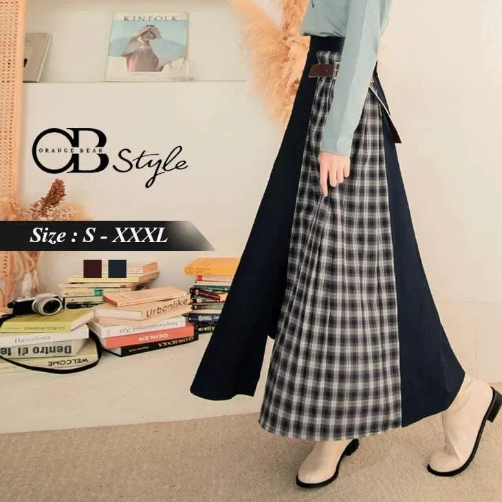 HIGH WAIST PACTHED CHECKED TUNIC PLEAT MAXI SKIRTS