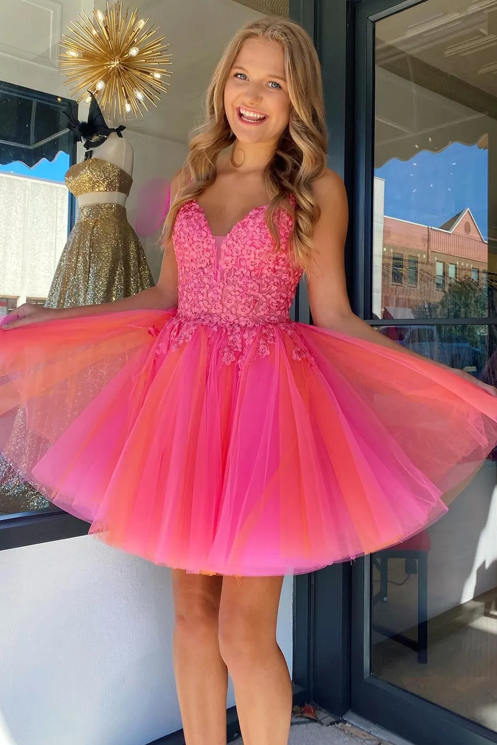 Hot Pink A-Line Tulle Short Homecoming Dress with Lace