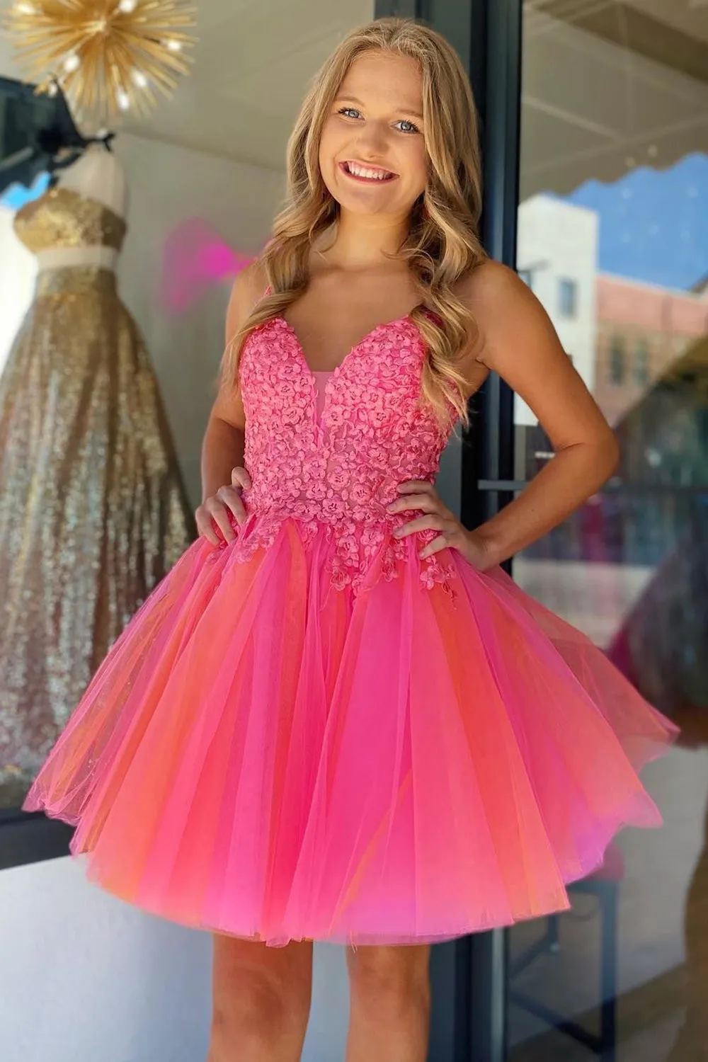 Hot Pink A-Line Tulle Short Homecoming Dress with Lace