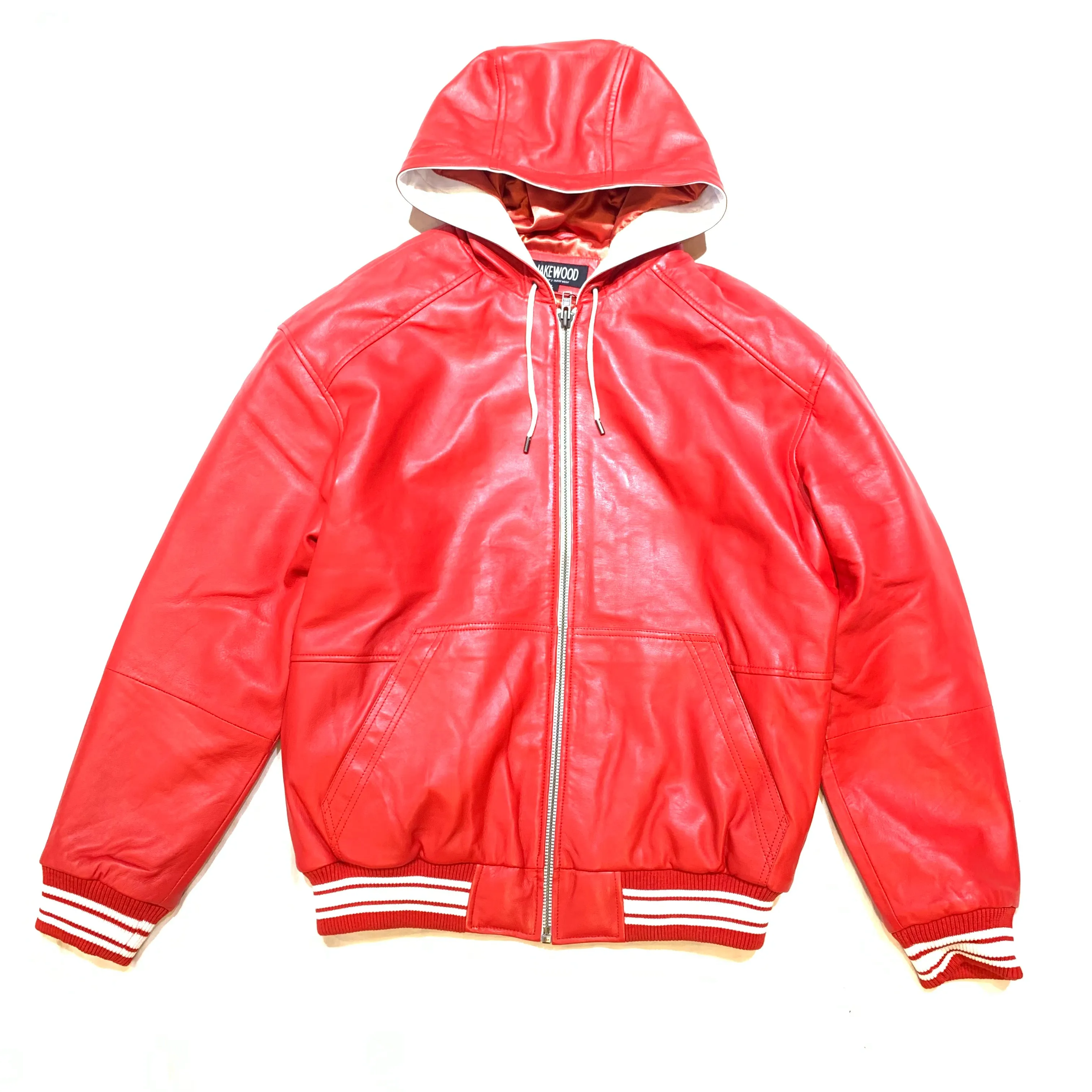 Jakewood Red Lambskin Hooded Bomber Jacket