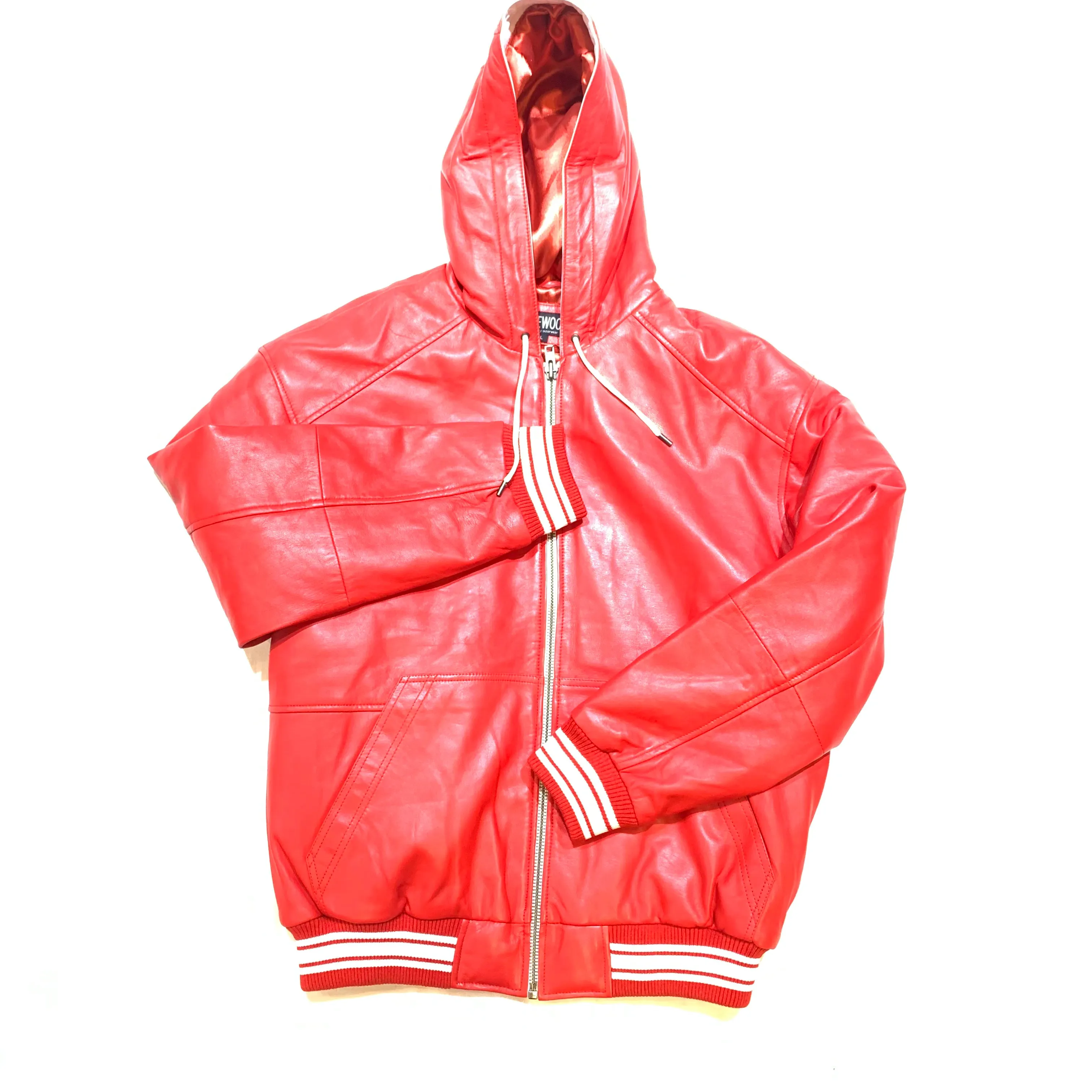 Jakewood Red Lambskin Hooded Bomber Jacket