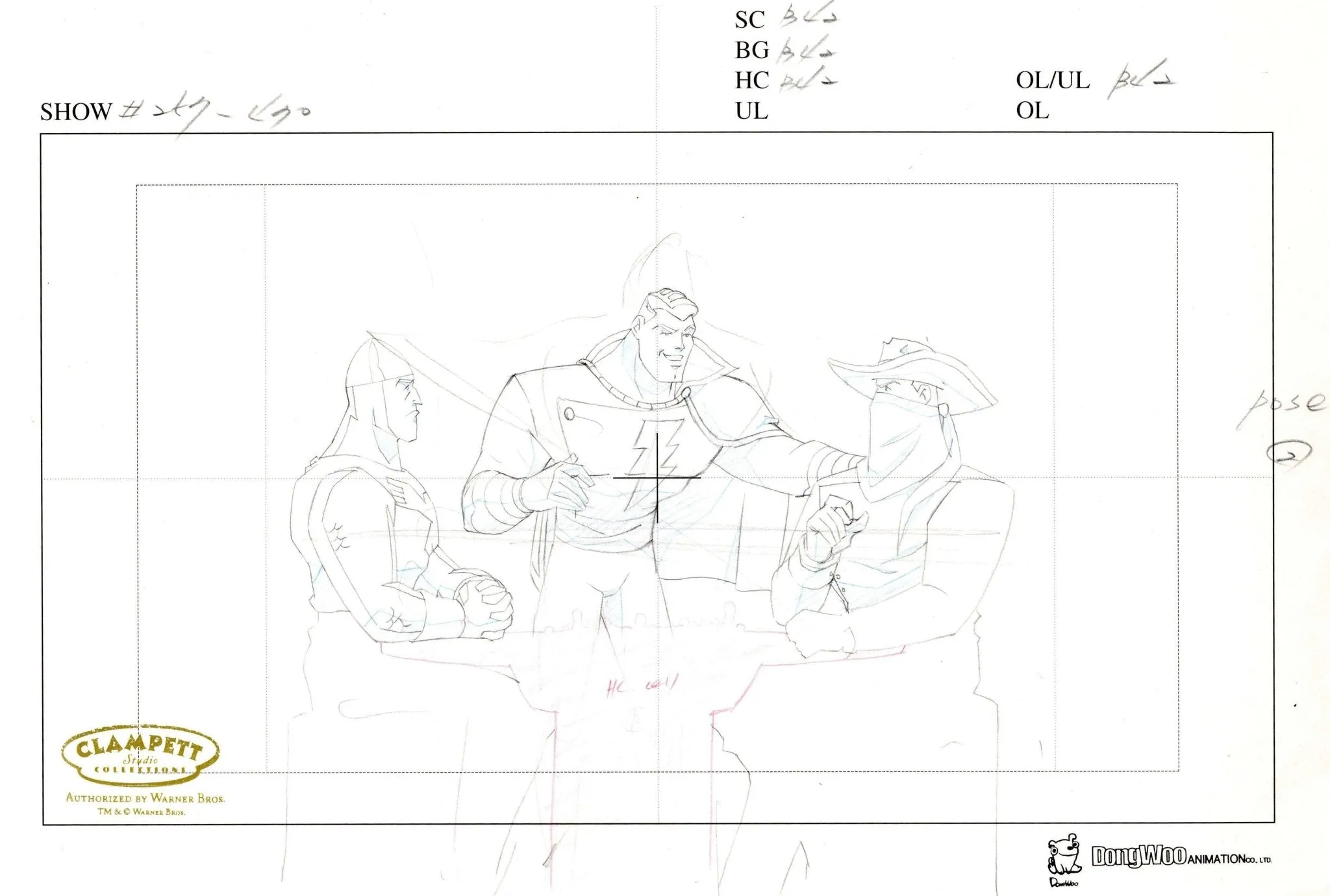 Justice League Original Production Drawing: Shining Knight, Vigilante, and Captain Marvel