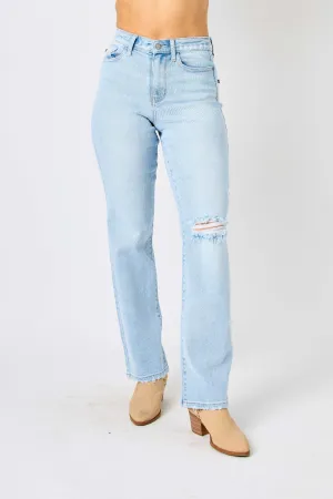 KESLEY Light Blue High Waist Distressed Straight Jeans Petite and Plus Size Fashion