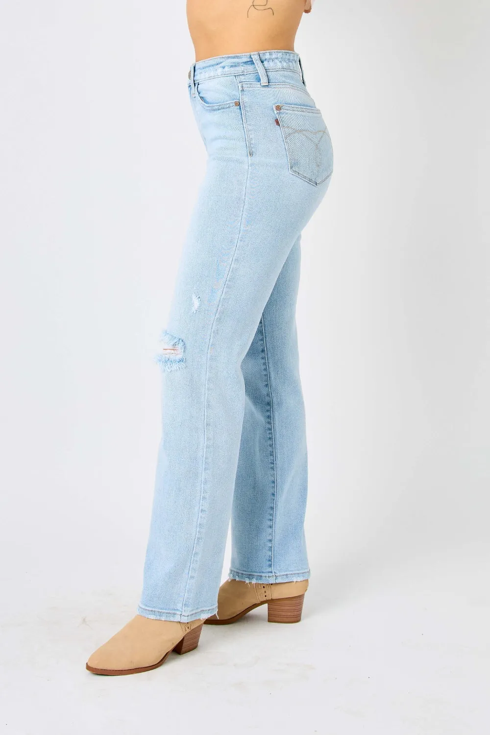 KESLEY Light Blue High Waist Distressed Straight Jeans Petite and Plus Size Fashion