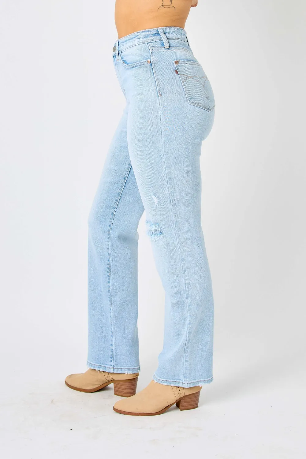 KESLEY Light Blue High Waist Distressed Straight Jeans Petite and Plus Size Fashion