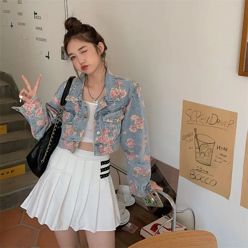 KittenAlarm - Rose Pattern Loose Short Jeans Jacket