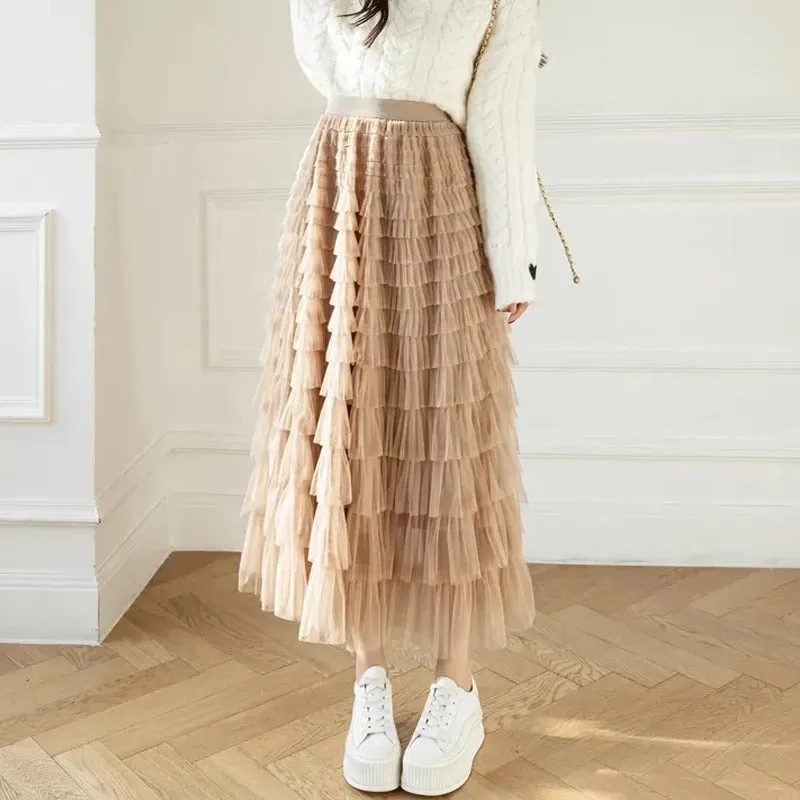 Korean Style Solid Layer Mesh Overlay Skirts for Women