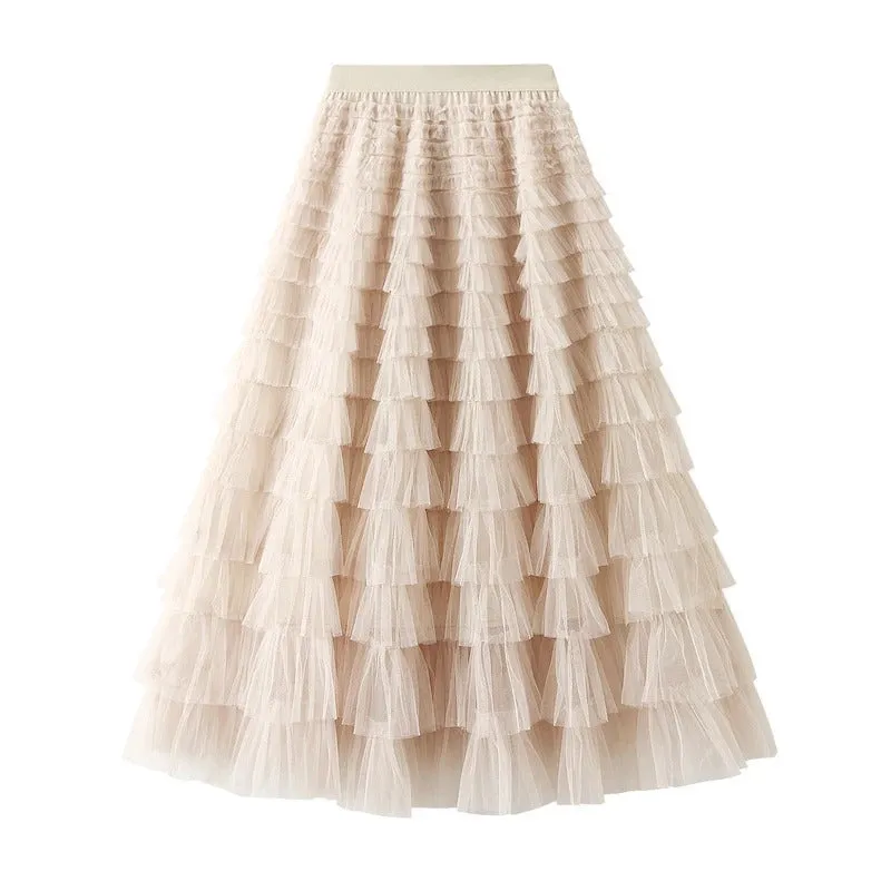 Korean Style Solid Layer Mesh Overlay Skirts for Women