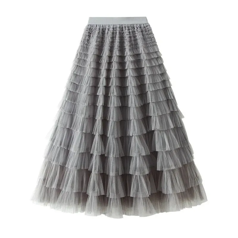 Korean Style Solid Layer Mesh Overlay Skirts for Women