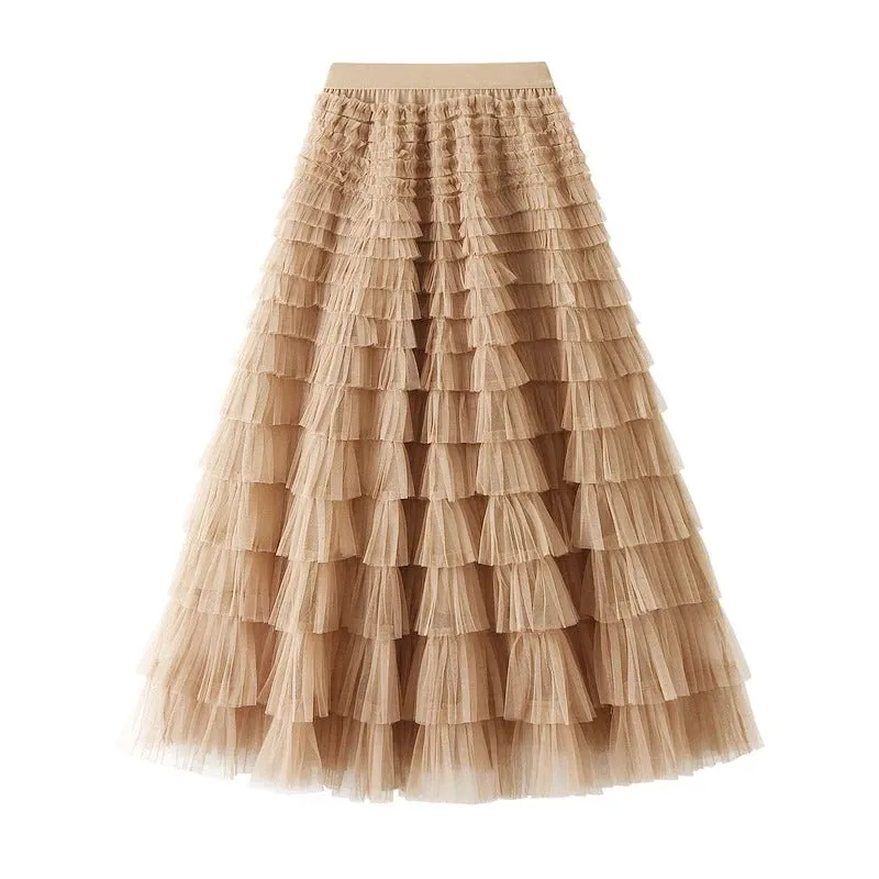 Korean Style Solid Layer Mesh Overlay Skirts for Women