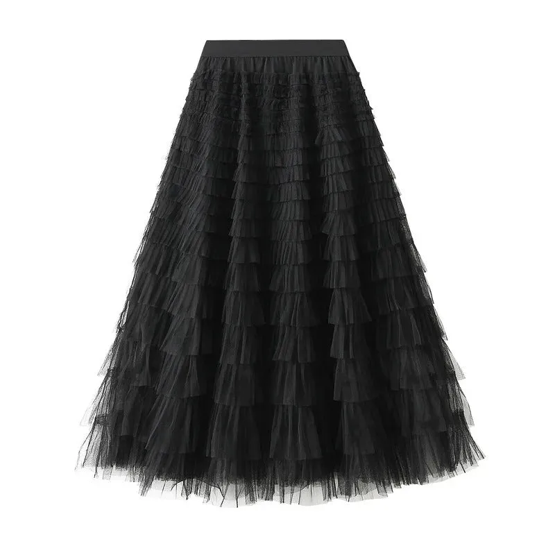 Korean Style Solid Layer Mesh Overlay Skirts for Women