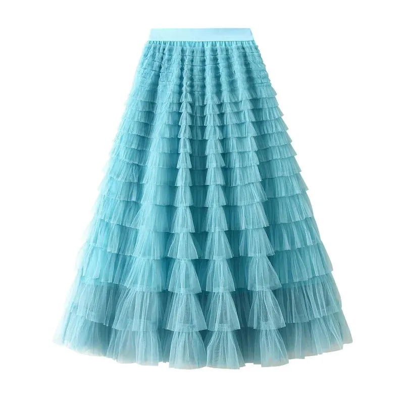 Korean Style Solid Layer Mesh Overlay Skirts for Women