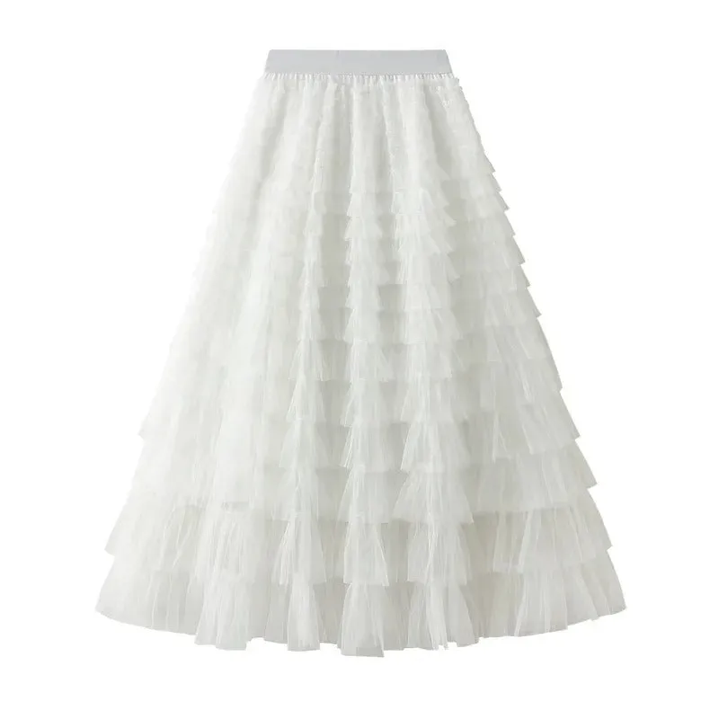 Korean Style Solid Layer Mesh Overlay Skirts for Women