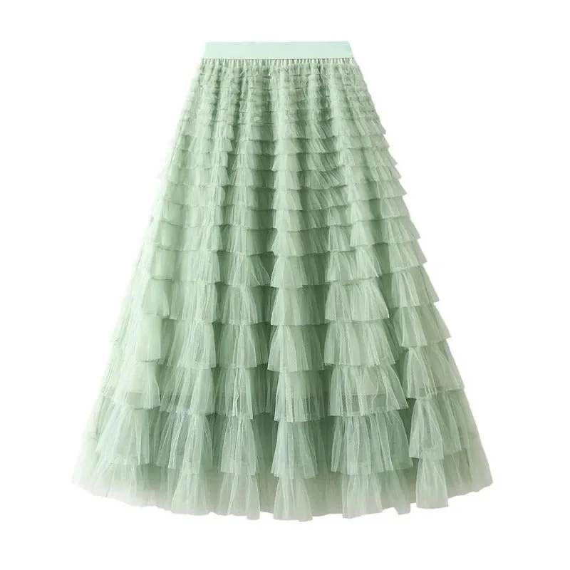 Korean Style Solid Layer Mesh Overlay Skirts for Women