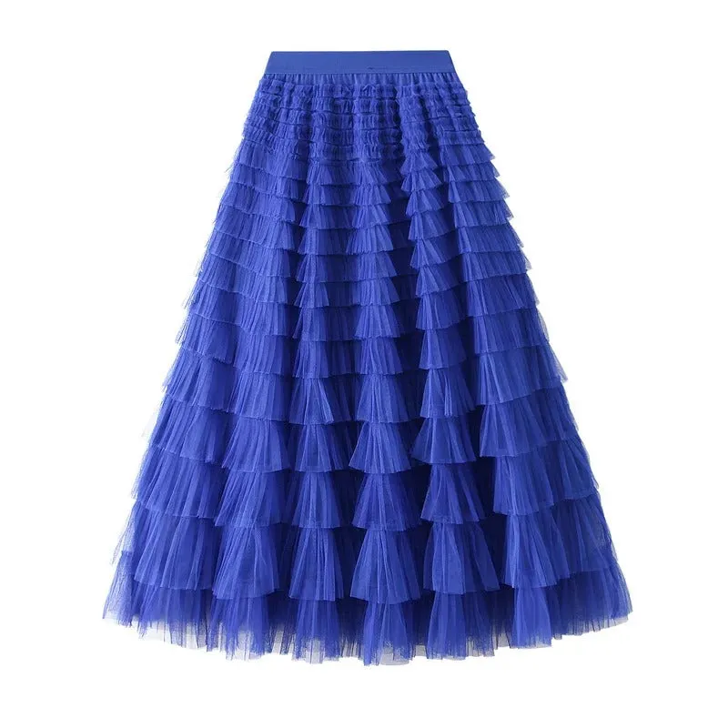 Korean Style Solid Layer Mesh Overlay Skirts for Women