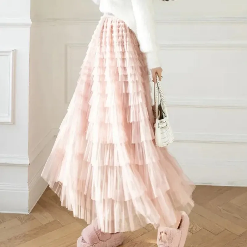 Korean Style Solid Layer Mesh Overlay Skirts for Women