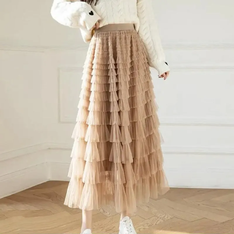 Korean Style Solid Layer Mesh Overlay Skirts for Women