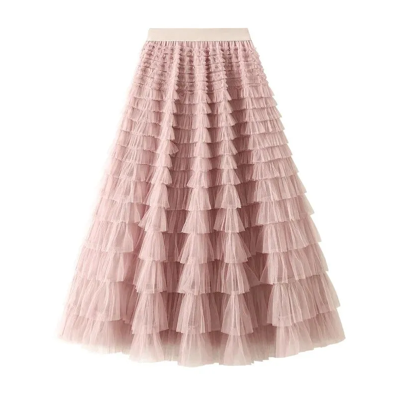 Korean Style Solid Layer Mesh Overlay Skirts for Women