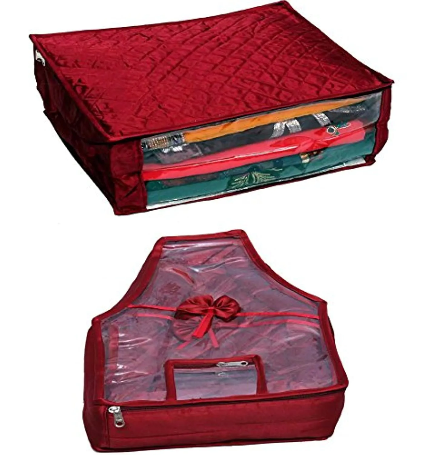 Kuber Industries 3 Layered Quilted 2 Piece Satin Saree Cover and Blouse Cover Set, Maroon