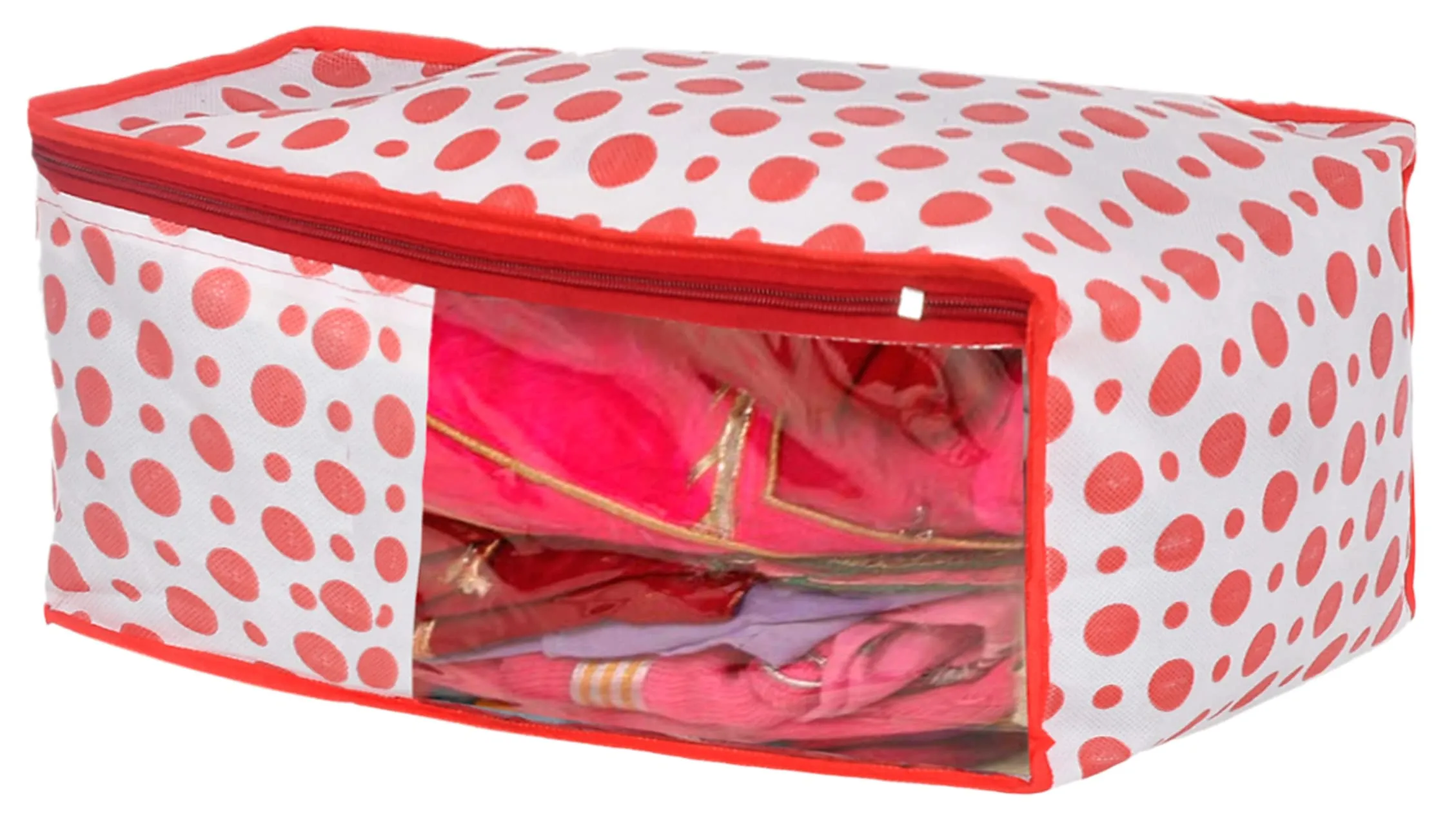 Kuber Industries Dot Printed Non-Woven Blouse & Saree Cover, Cloth Organizer Set, Wardrobe Organiser With Tranasparent Window- Pack of 4 (Pink)-46KM0474