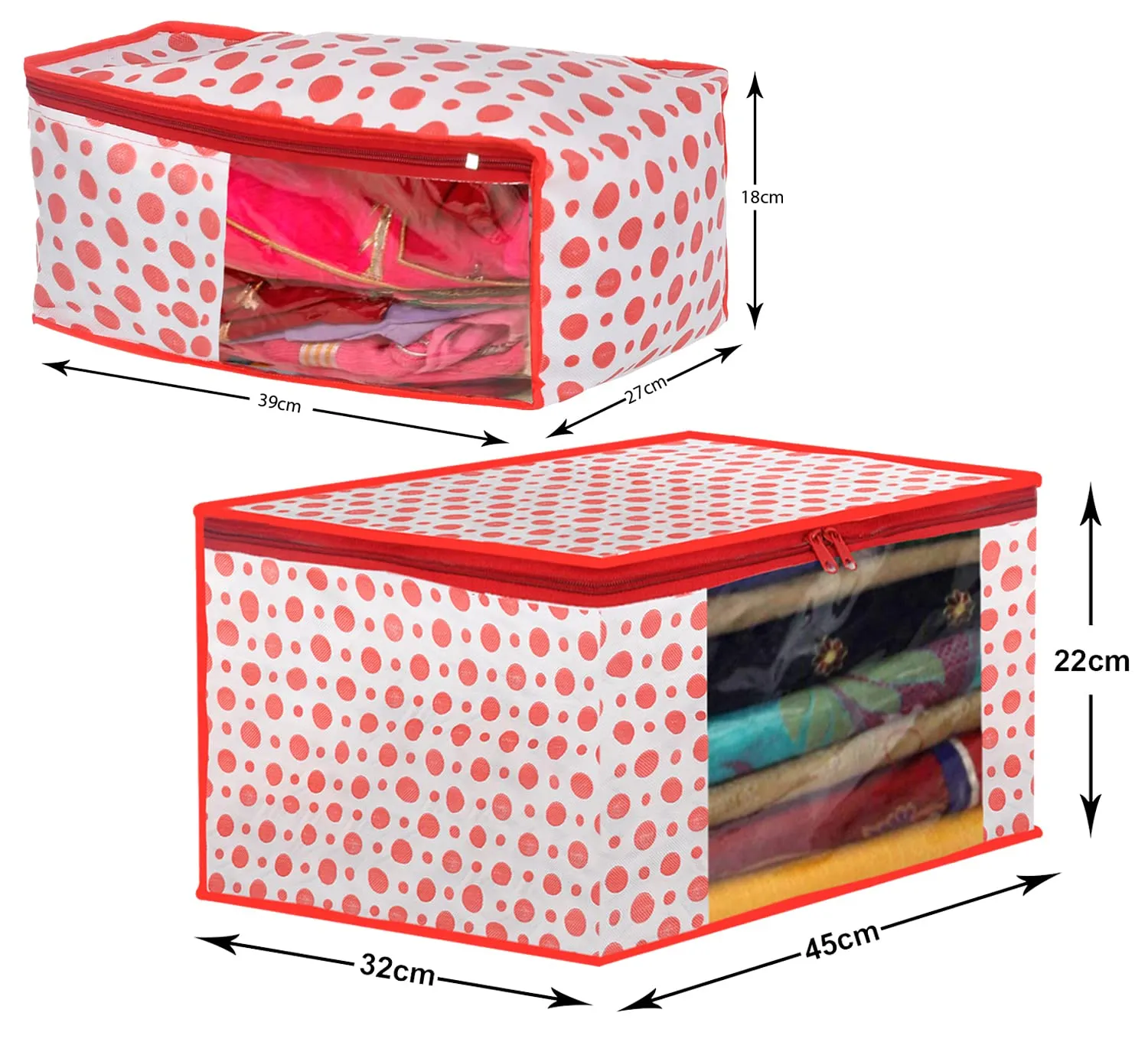 Kuber Industries Dot Printed Non-Woven Blouse & Saree Cover, Cloth Organizer Set, Wardrobe Organiser With Tranasparent Window- Pack of 4 (Pink)-46KM0474