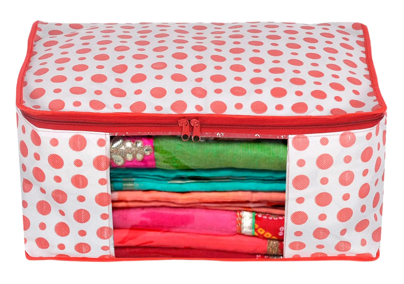 Kuber Industries Dot Printed Non-Woven Blouse & Saree Cover, Cloth Organizer Set, Wardrobe Organiser With Tranasparent Window- Pack of 4 (Pink)-46KM0474