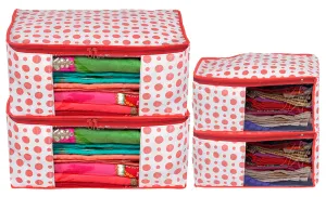 Kuber Industries Dot Printed Non-Woven Blouse & Saree Cover, Cloth Organizer Set, Wardrobe Organiser With Tranasparent Window- Pack of 4 (Pink)-46KM0474