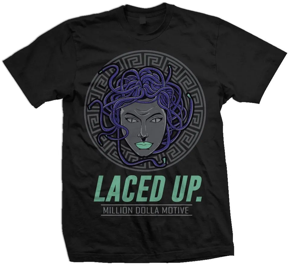 Laced Up - Purple/New Emerald on Black T-Shirt