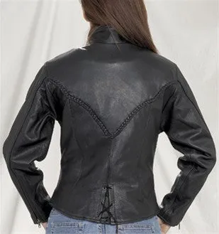 Ladies Heavy Duty Split Leather V Lace Braid Biker Jacket with Round Collar