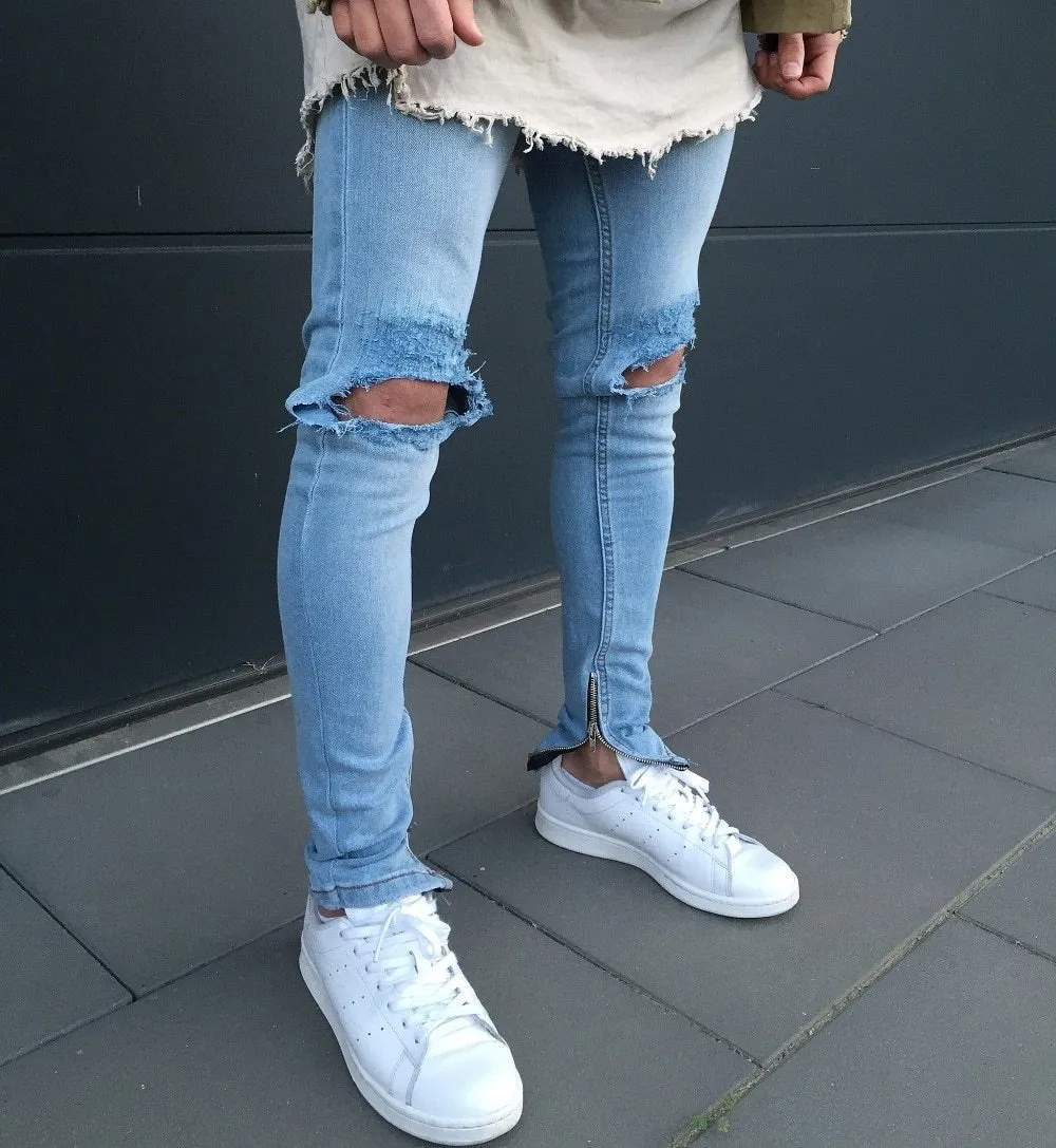 Light Blue Skinny Knee Ripped Ankle Zipper Jeans