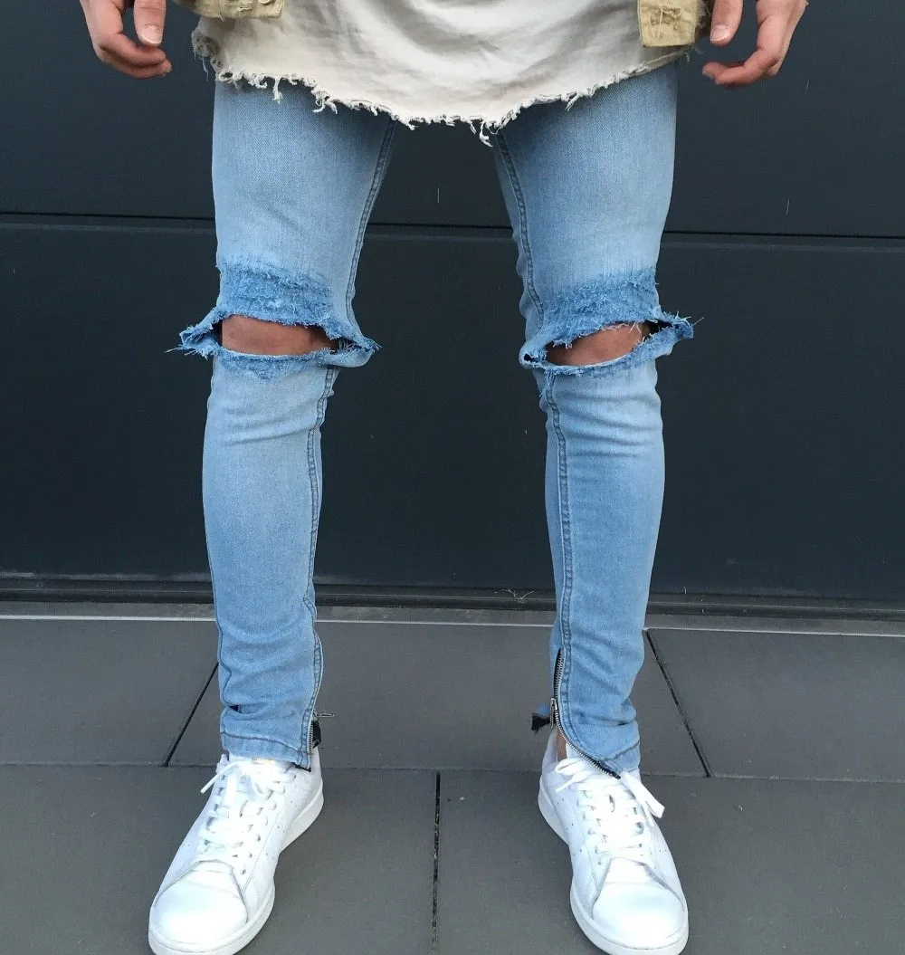 Light Blue Skinny Knee Ripped Ankle Zipper Jeans