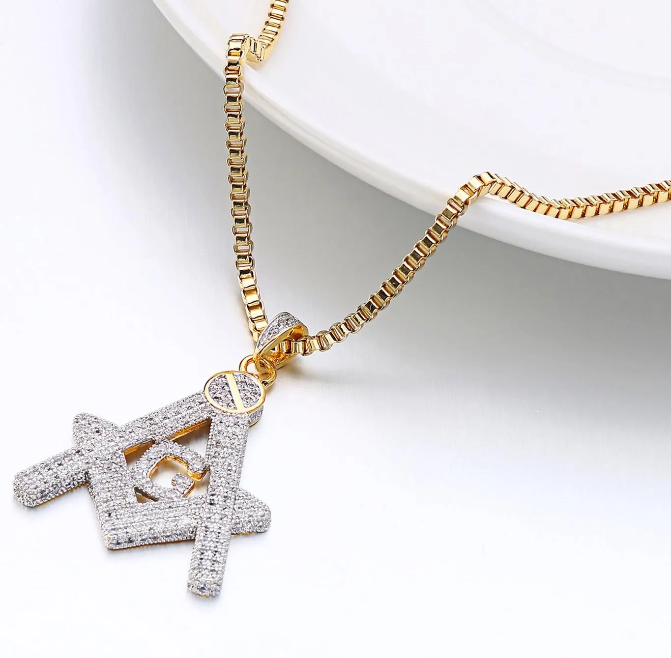 Master Mason Blue Lodge Necklace - Gold Plated Copper Zircon With Rhinestones