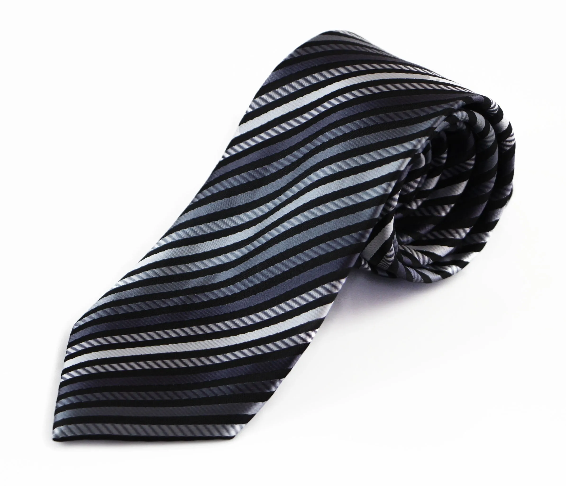 Mens Black, Greys & White Striped Patterned 8cm Neck Tie