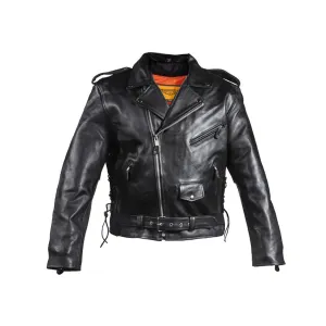 Mens Classic Police Style Naked Leather Motorcycle Jacket With Side Laces Solid Panel Back