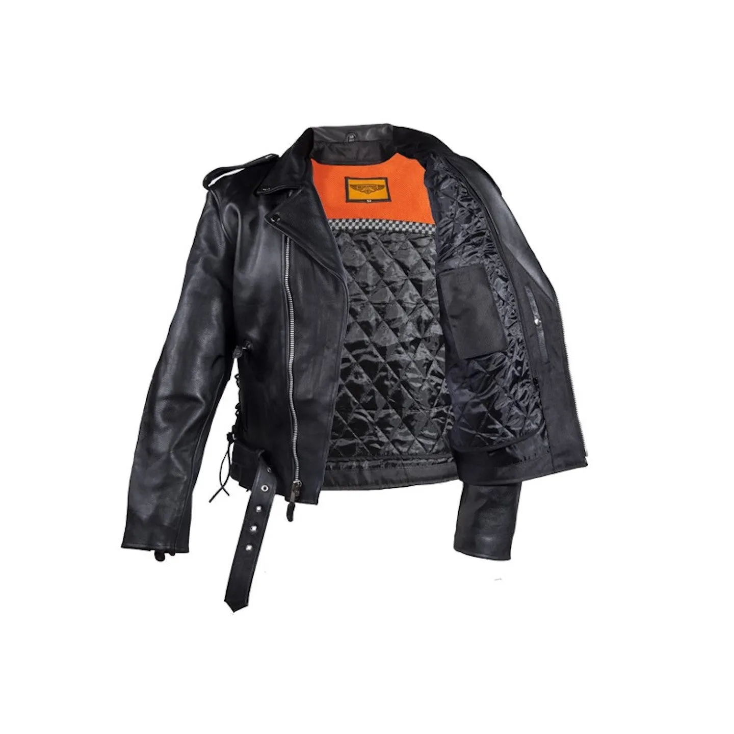 Mens Classic Police Style Naked Leather Motorcycle Jacket With Side Laces Solid Panel Back