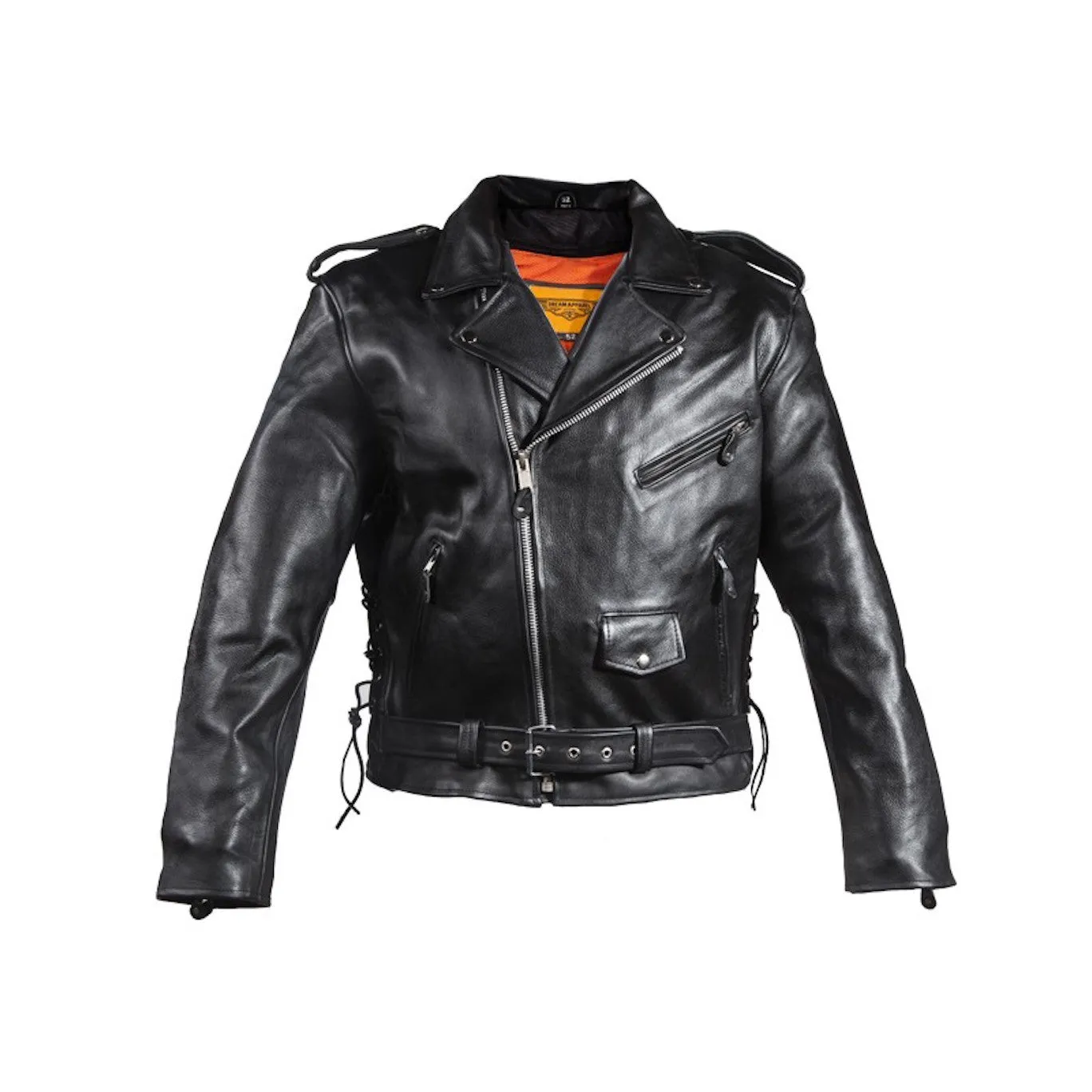 Mens Classic Police Style Naked Leather Motorcycle Jacket With Side Laces Solid Panel Back