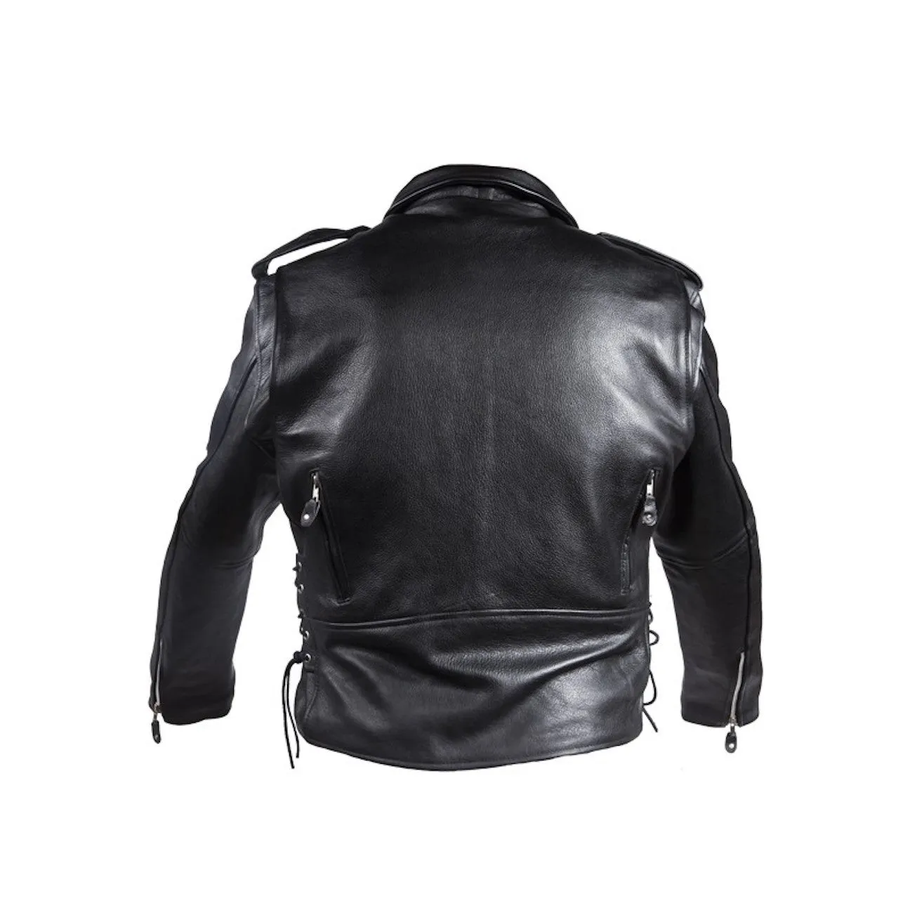 Mens Classic Police Style Naked Leather Motorcycle Jacket With Side Laces Solid Panel Back