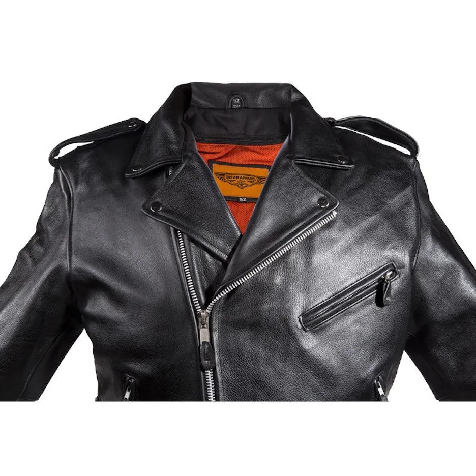 Mens Classic Police Style Naked Leather Motorcycle Jacket With Side Laces Solid Panel Back