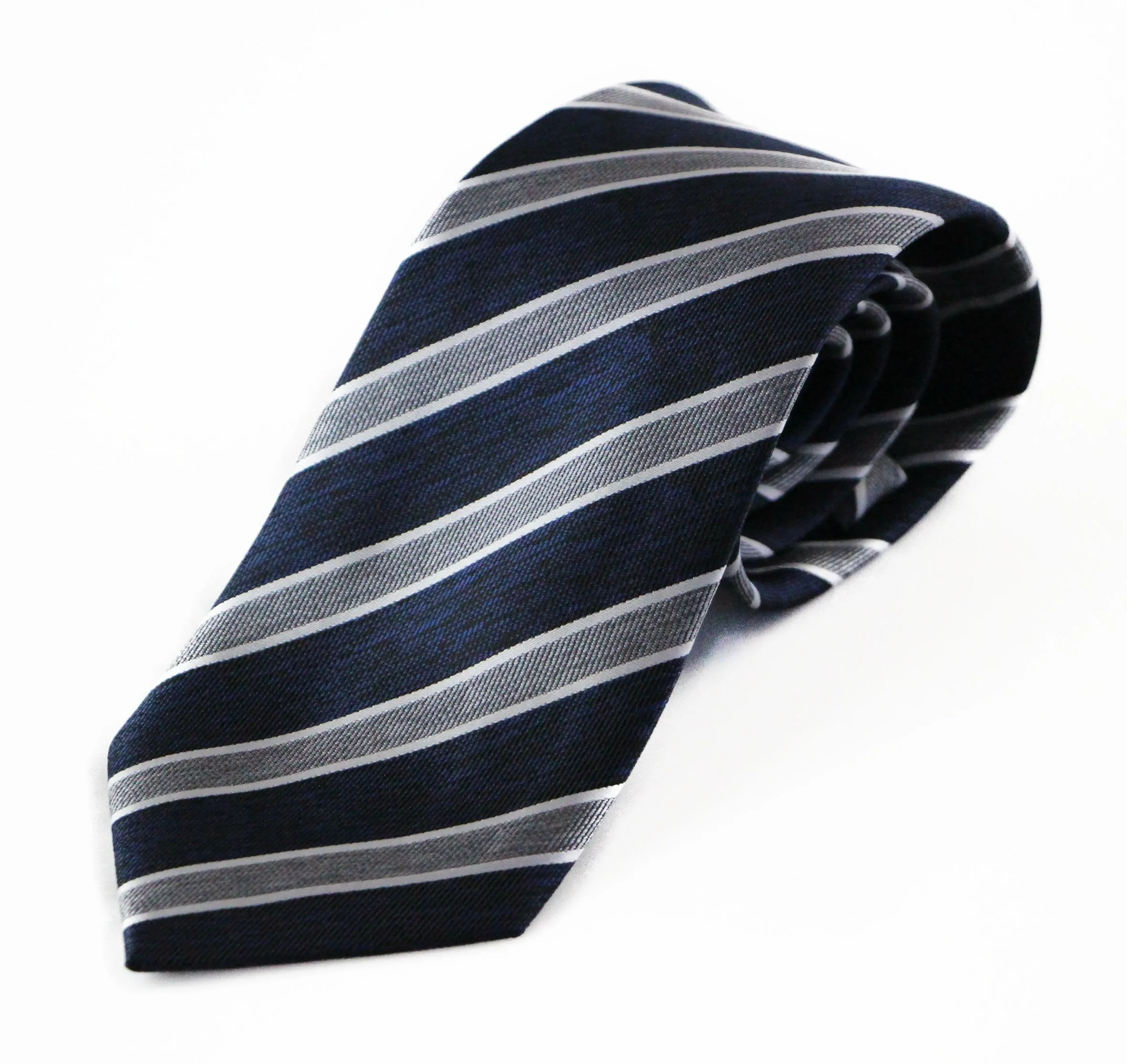 Mens Navy, Black, White & Grey Striped Patterned 8cm Neck Tie