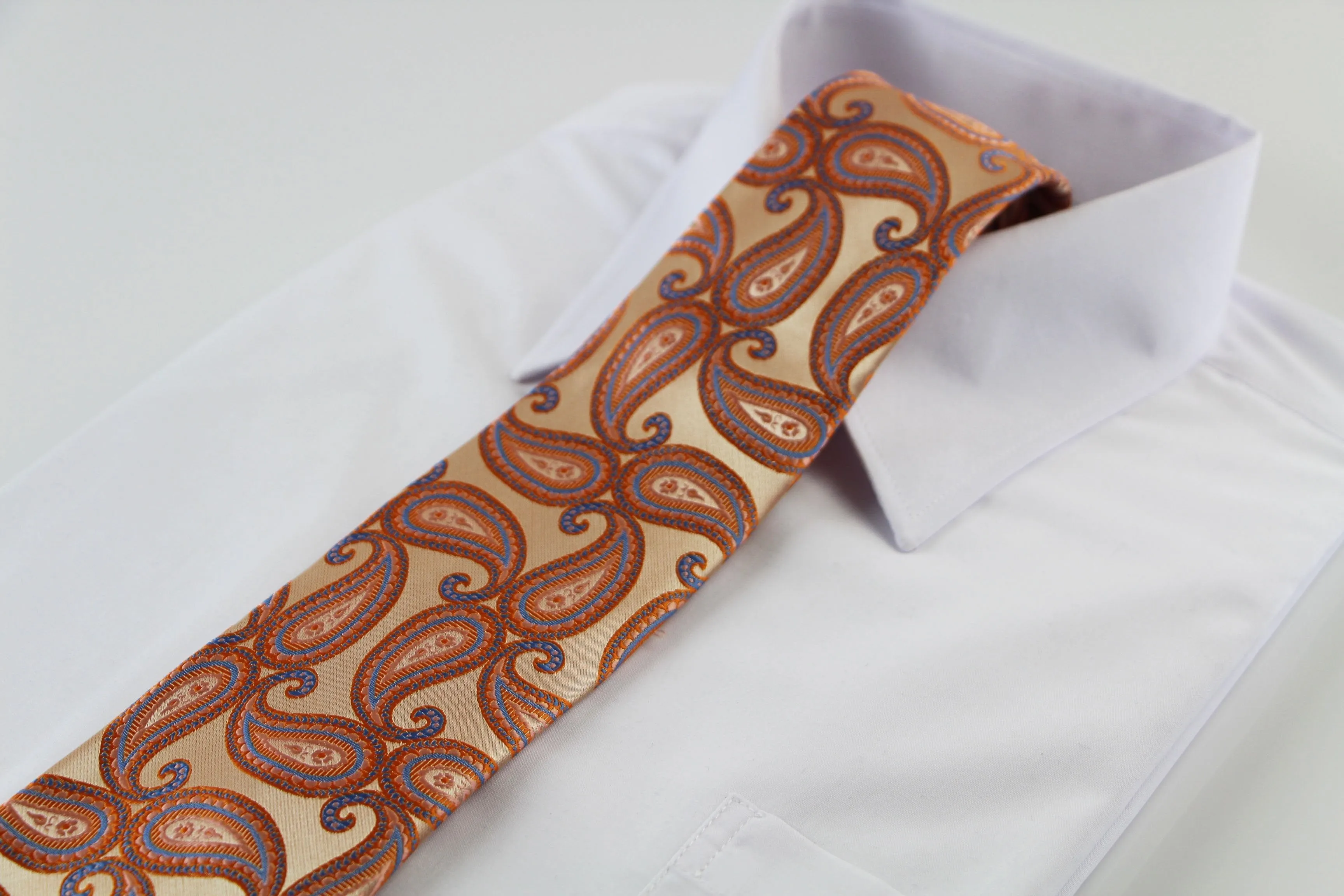 Mens Orange & Blue Paisley Patterned 8cm Neck Tie