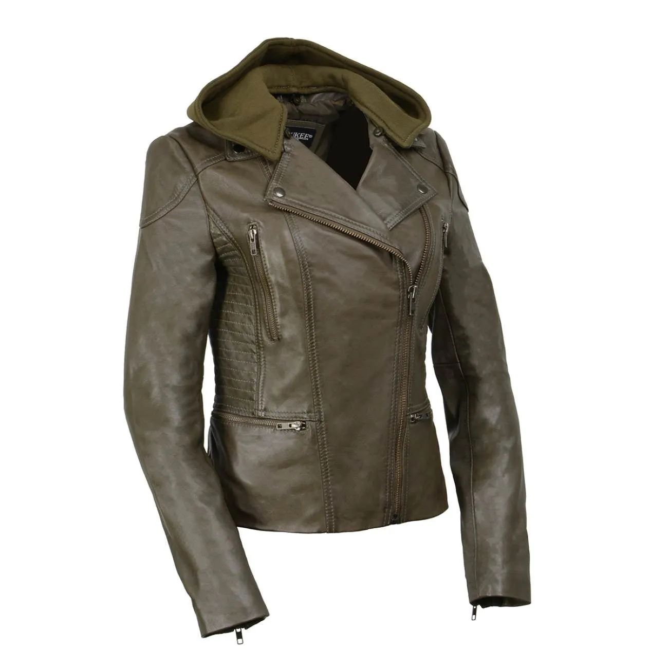 Milwaukee Leather SFL2815 Womens Olive Motorcycle Style Leather Jacket with Hoodie and Asymmetrical Zipper