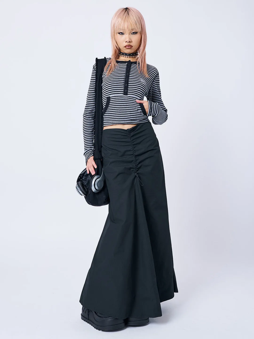 Morticia Black Ruched Maxi Skirt