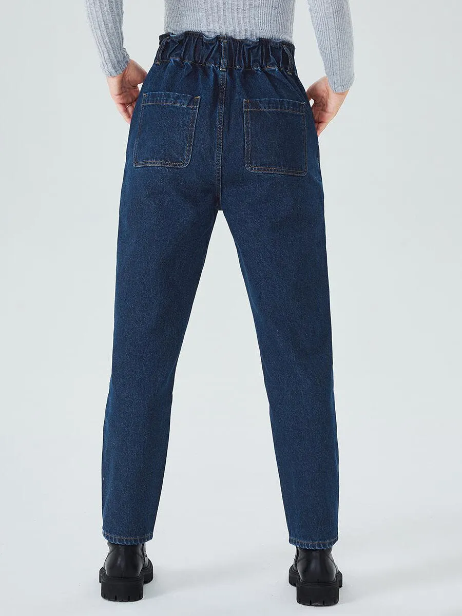 Plain Pocket Elastic Waist Jeans