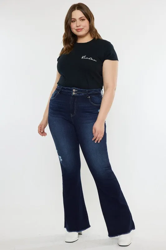 Plus High Rise Double Button Fray Hem Flare Jeans