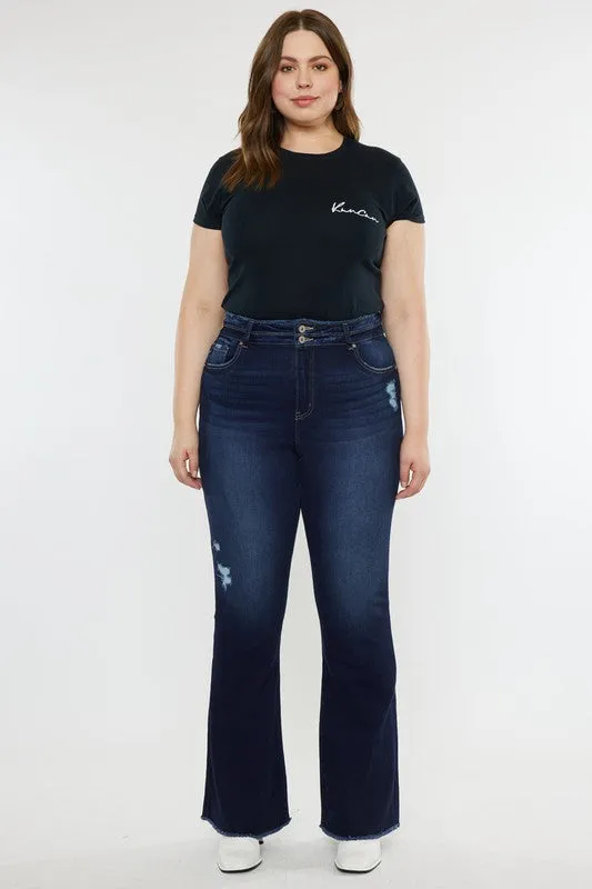 Plus High Rise Double Button Fray Hem Flare Jeans