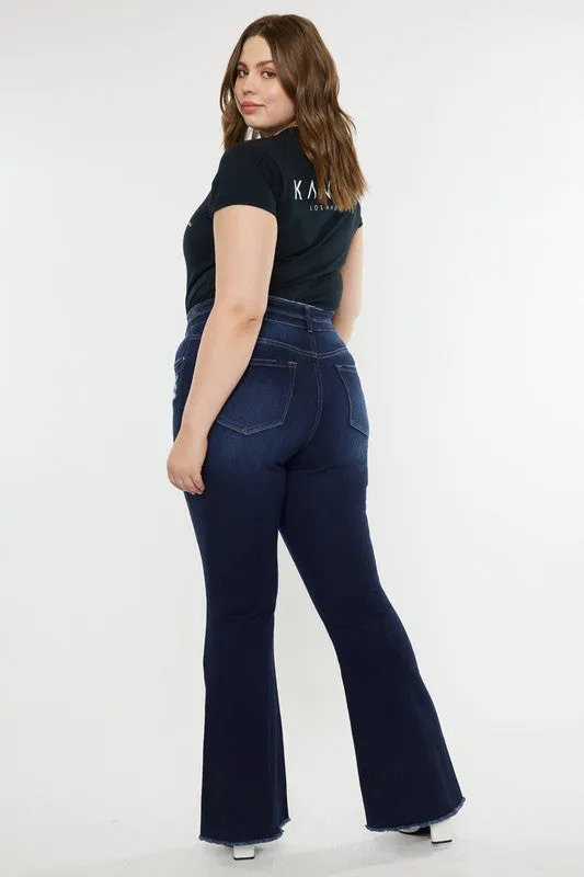 Plus High Rise Double Button Fray Hem Flare Jeans