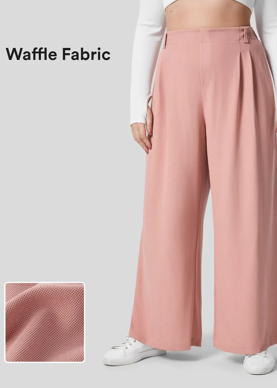 Plus Size High Waisted Plicated Side Pocket Wide Leg Waffle Work Pants